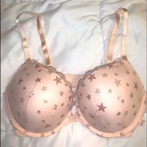 NWOT Victorias Secret Pushup Bra Pink Rose Gold VS 36C Lace Stars
